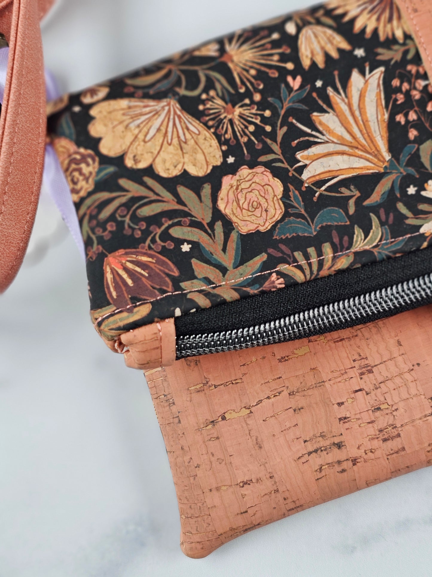 Pink and Black Floral Cork Fold-Over Crossbody Bag