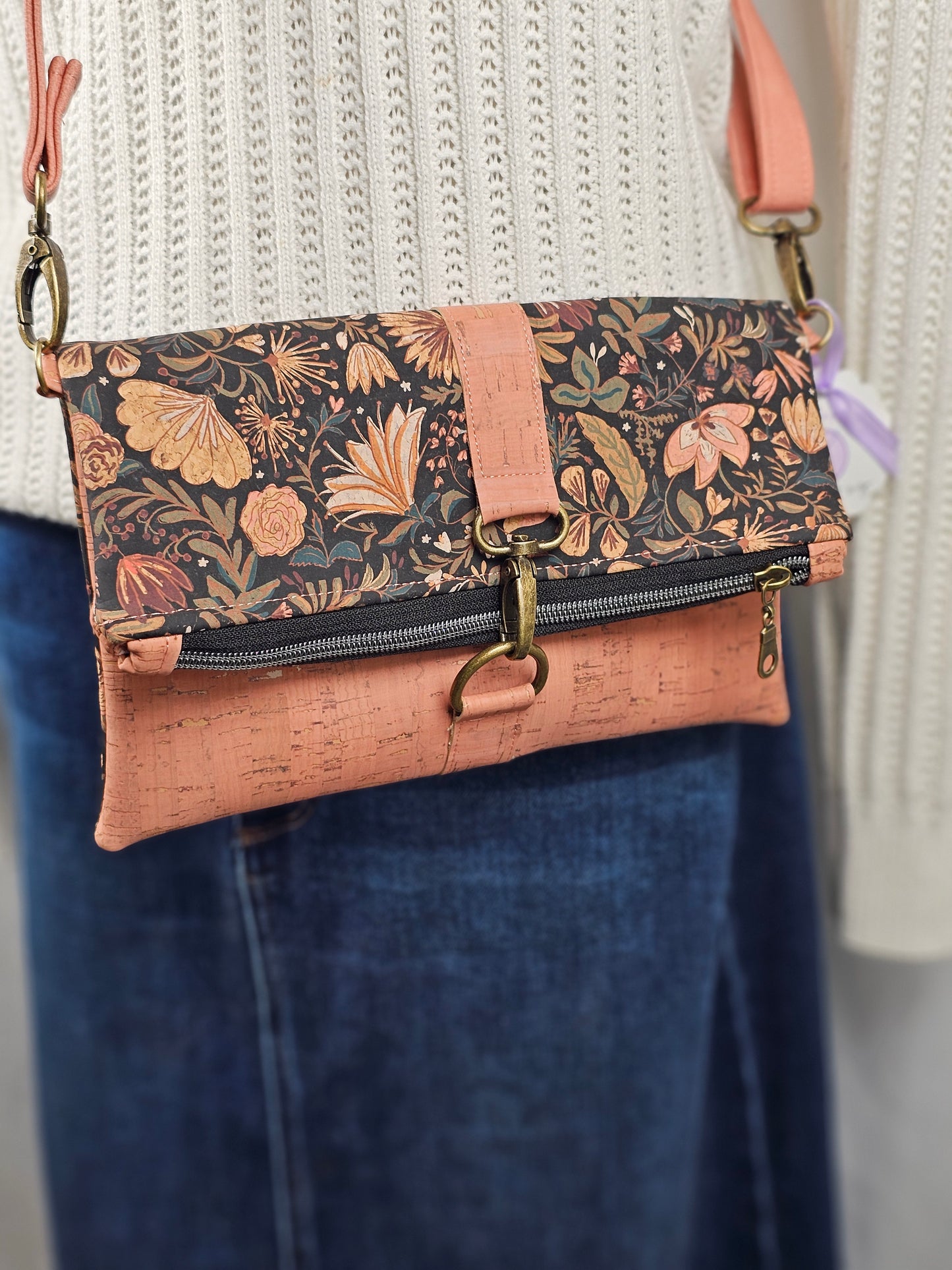Pink and Black Floral Cork Fold-Over Crossbody Bag