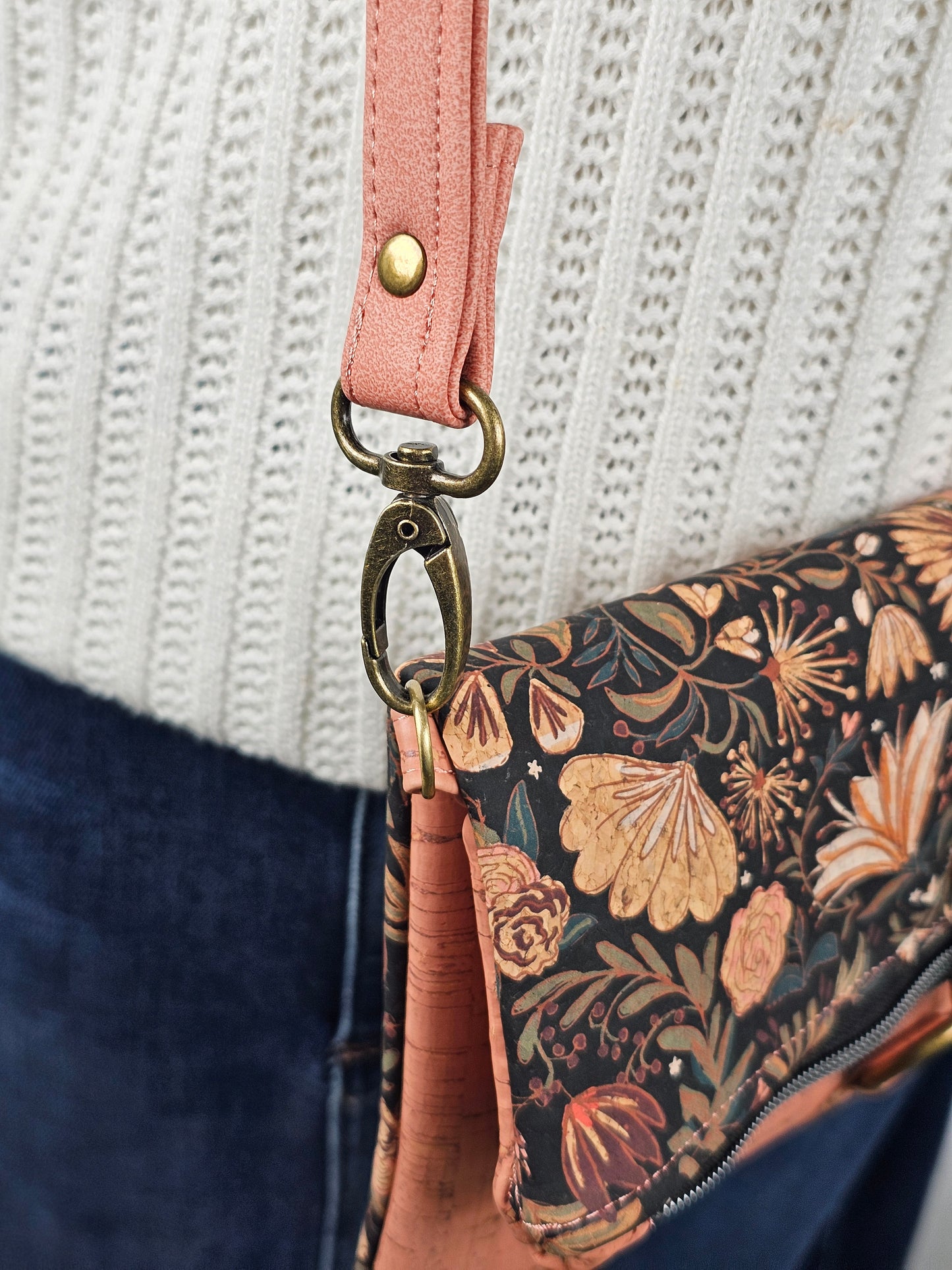 Pink and Black Floral Cork Fold-Over Crossbody Bag