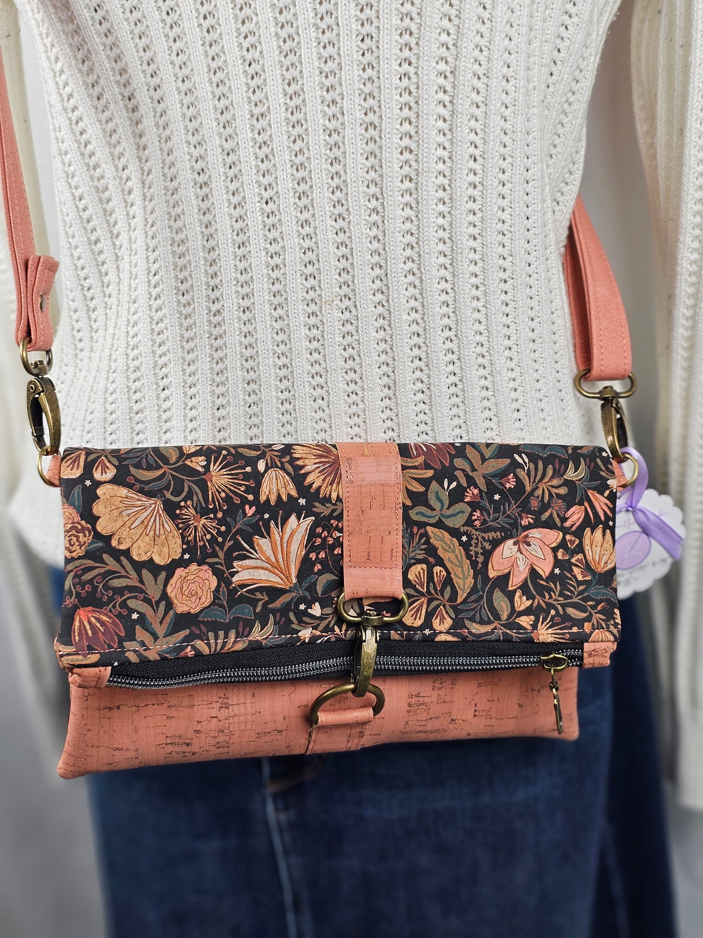 Pink and Black Floral Cork Fold-Over Crossbody Bag