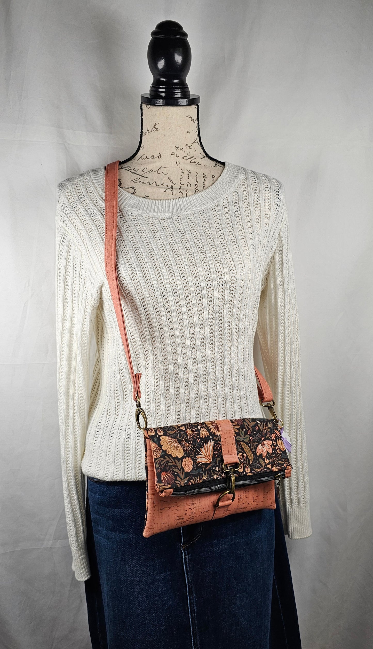 Pink and Black Floral Cork Fold-Over Crossbody Bag