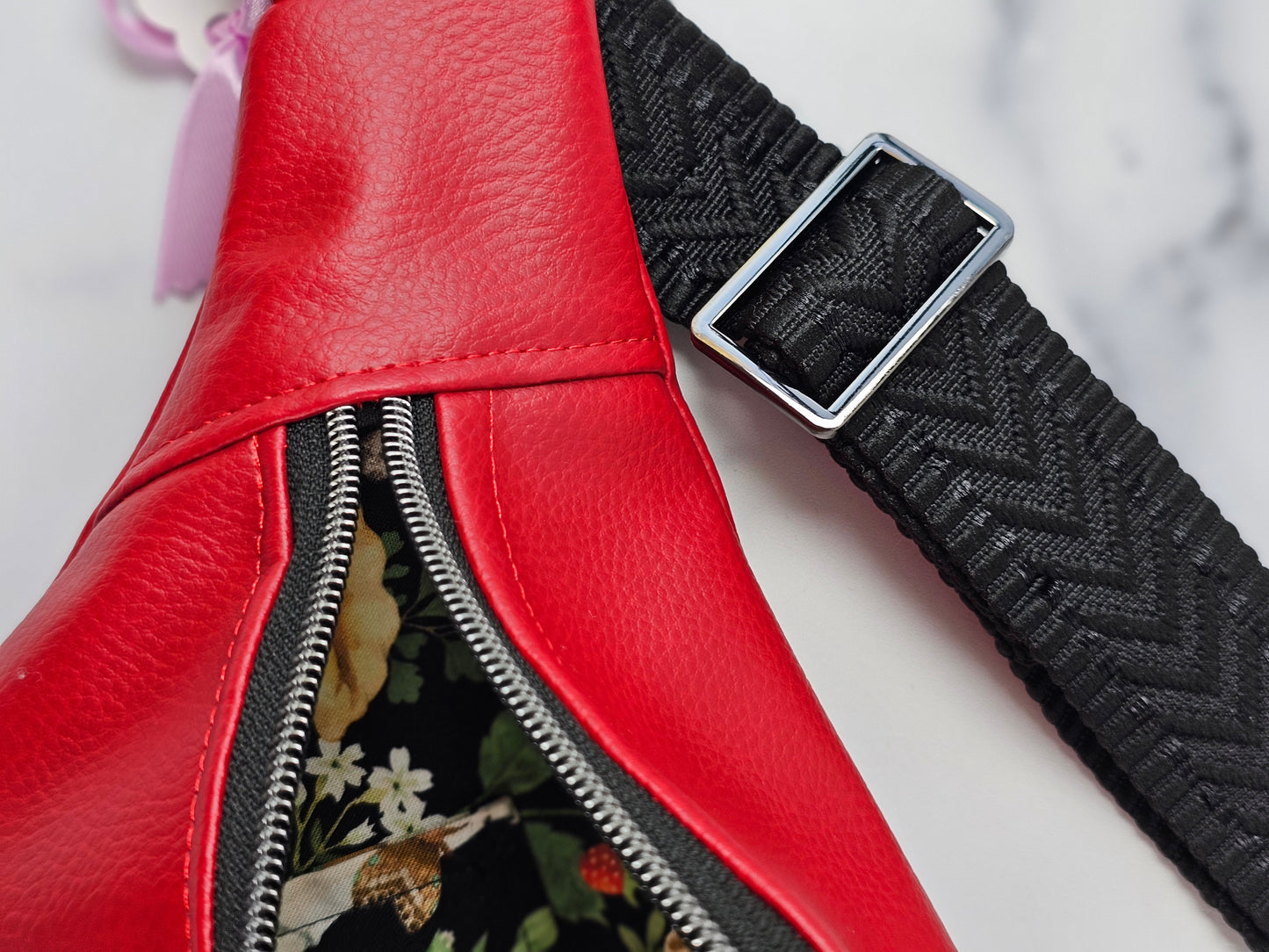 Red Faux Leather Bum Bag with Black Strap and Mushroom Cotton Lining