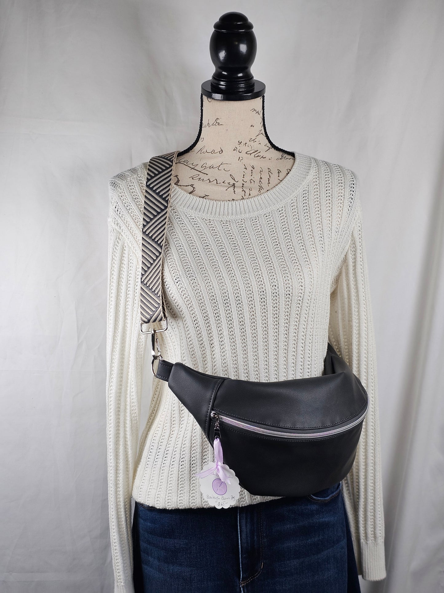 Dark Gray Faux Leather Crossbody Bag, Sling Bag with Stripped Strap