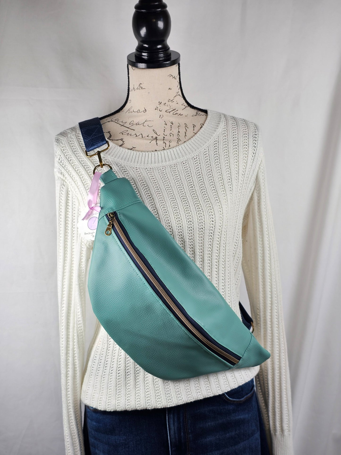 Mint Green Faux Leather Bum Bag with Navy Strap and Floral Lining