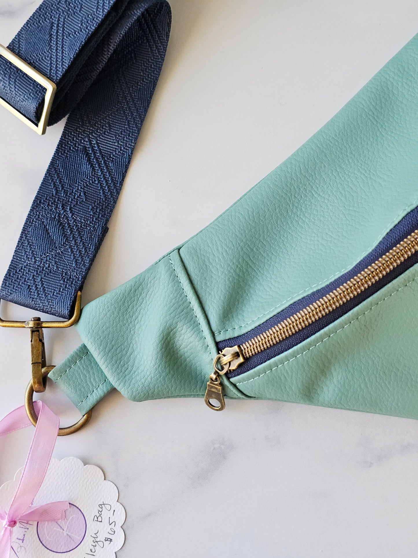 Mint Green Faux Leather Bum Bag with Navy Strap and Floral Lining