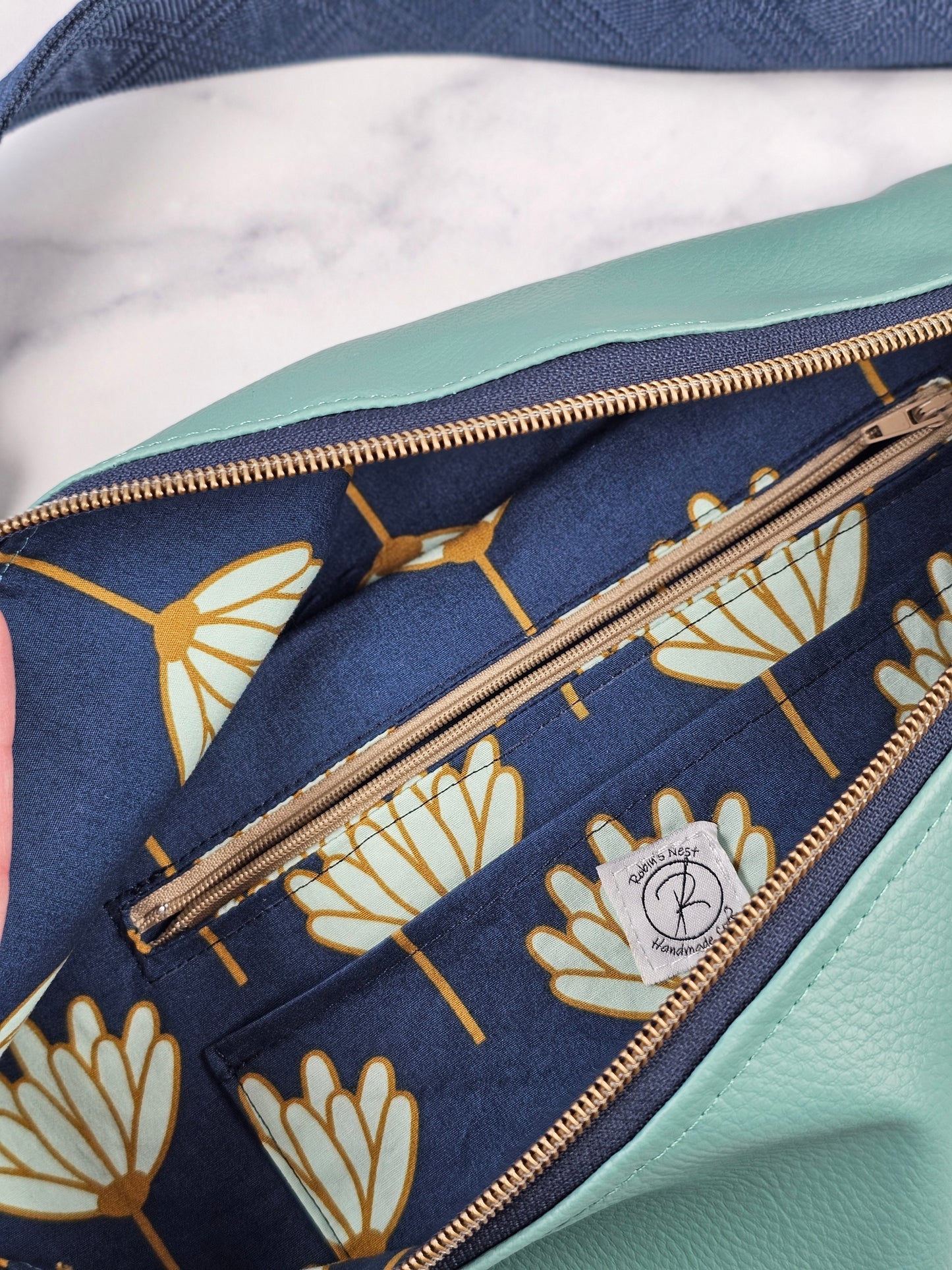 Mint Green Faux Leather Bum Bag with Navy Strap and Floral Lining