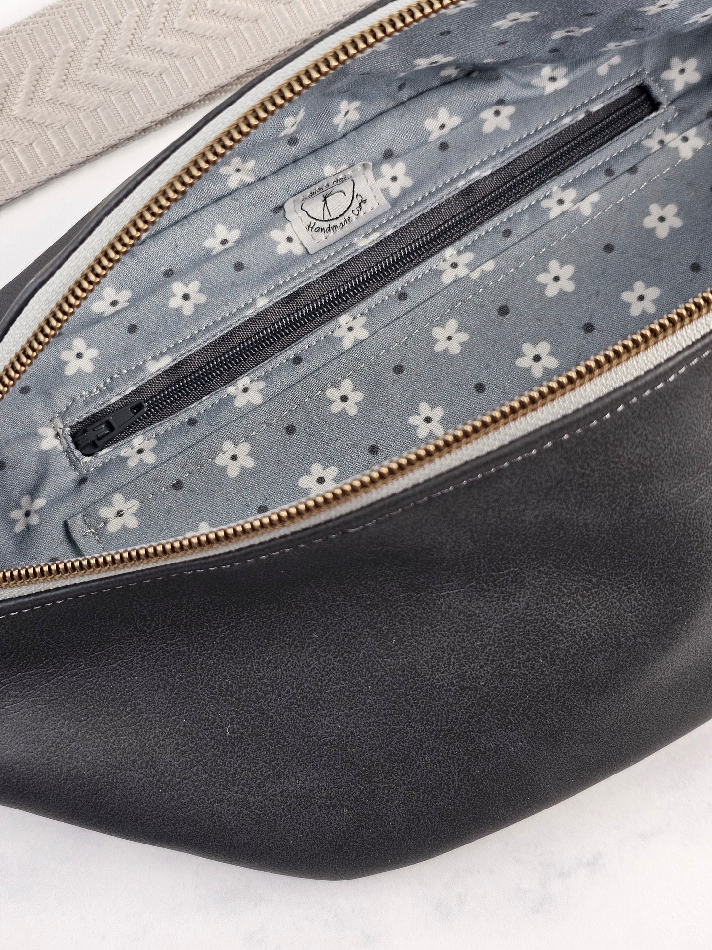 Dark Gray Faux Leather Bum Bag with Gray Floral Lining, Handmade Crossbody Fanny Pack