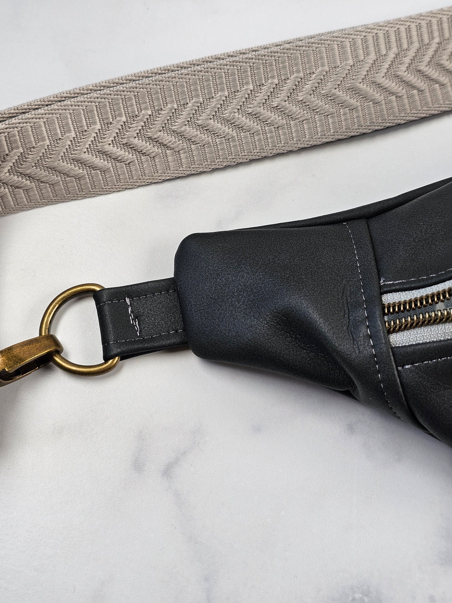 Dark Gray Faux Leather Bum Bag with Gray Floral Lining, Handmade Crossbody Fanny Pack