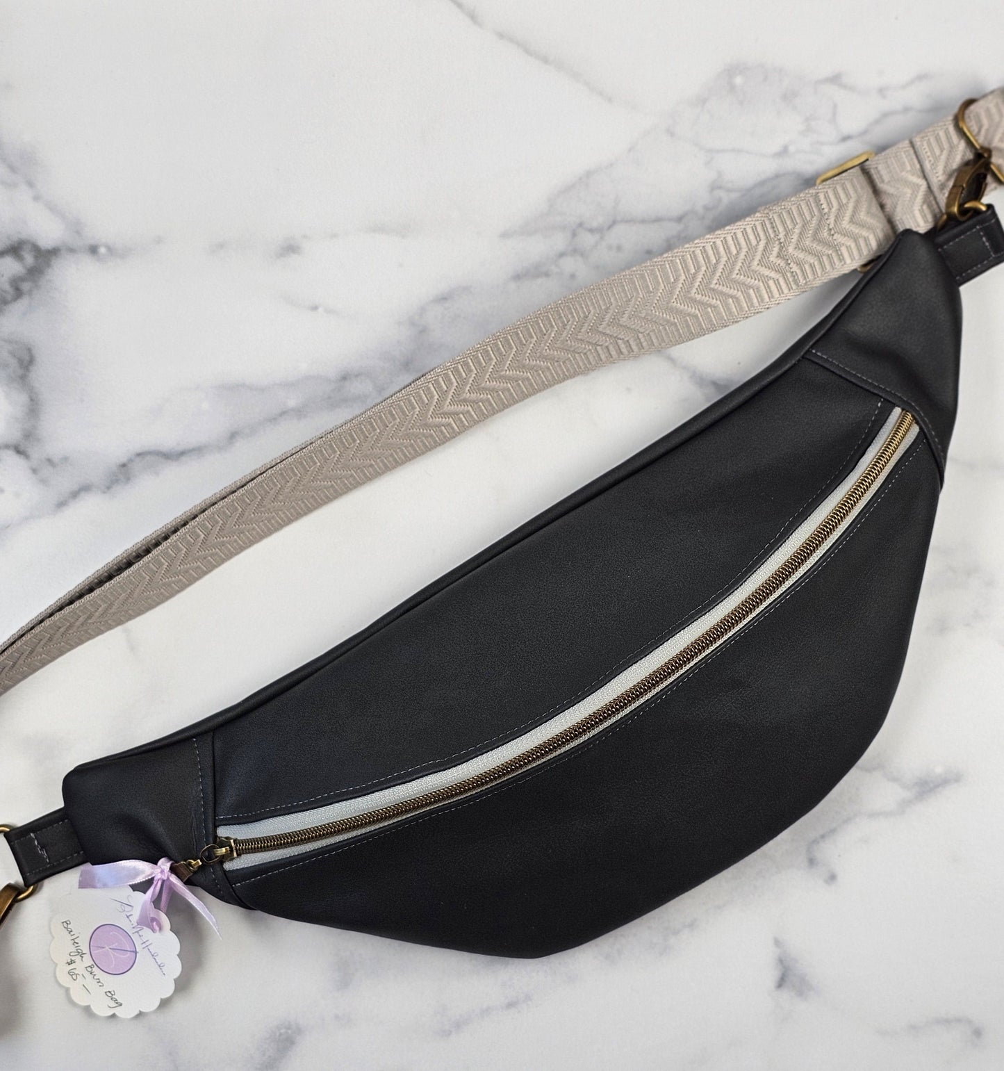 Dark Gray Faux Leather Bum Bag with Gray Floral Lining, Handmade Crossbody Fanny Pack