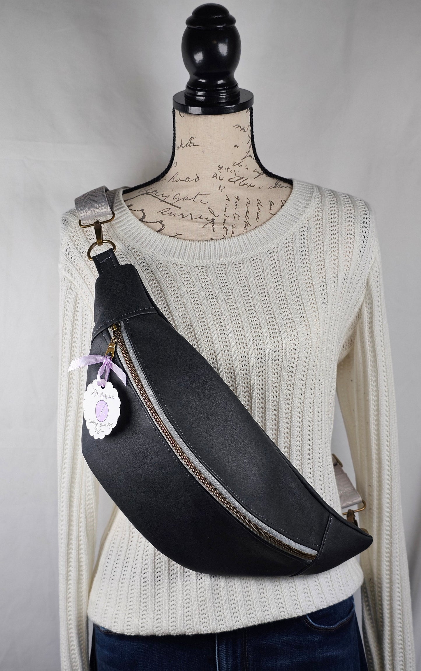 Dark Gray Faux Leather Bum Bag with Gray Floral Lining, Handmade Crossbody Fanny Pack