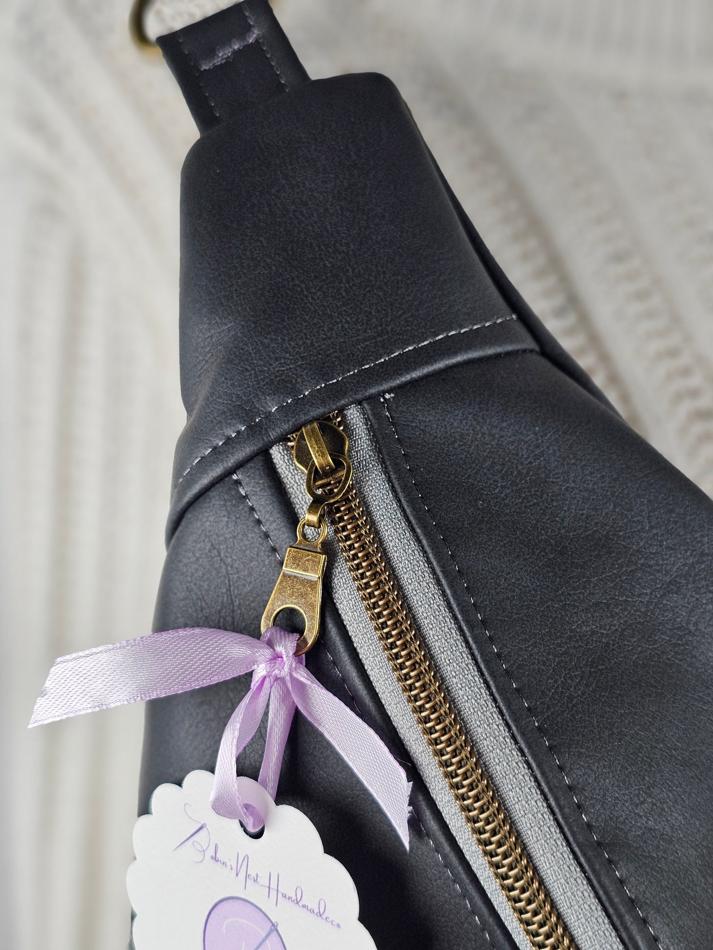 Dark Gray Faux Leather Bum Bag with Gray Floral Lining, Handmade Crossbody Fanny Pack