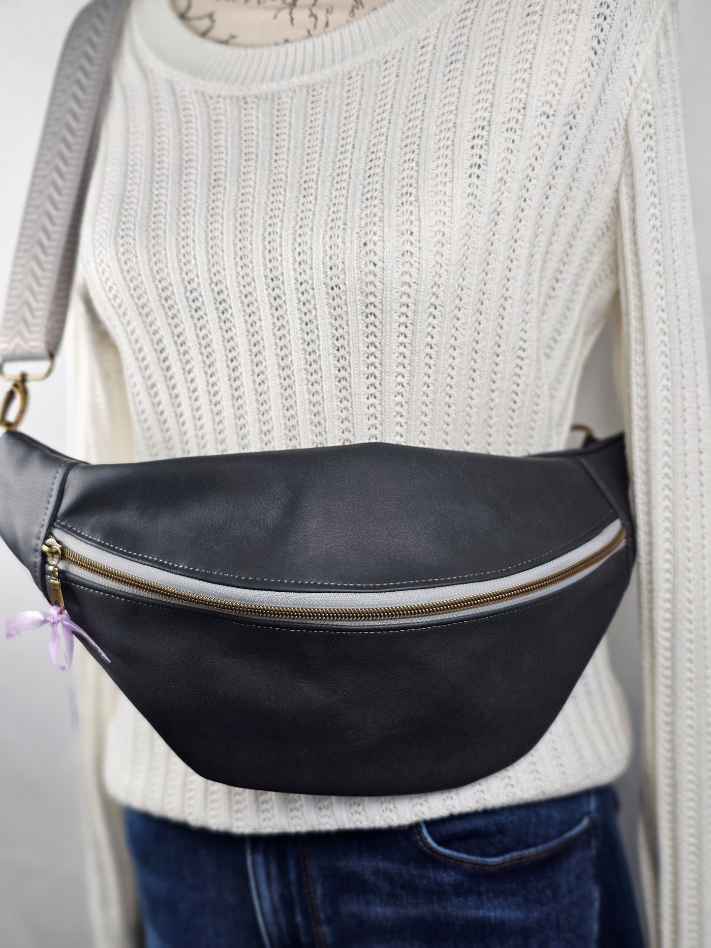 Dark Gray Faux Leather Bum Bag with Gray Floral Lining, Handmade Crossbody Fanny Pack