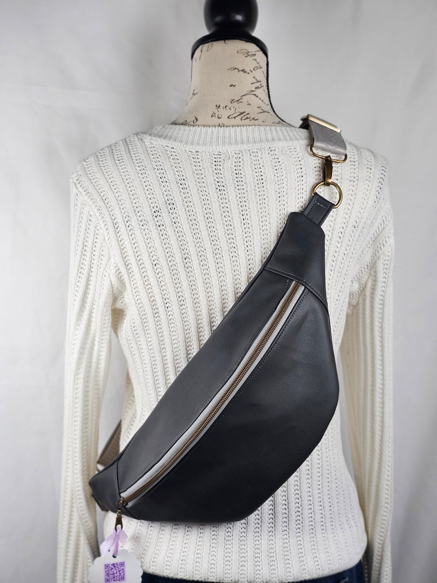 Dark Gray Faux Leather Bum Bag with Gray Floral Lining, Handmade Crossbody Fanny Pack