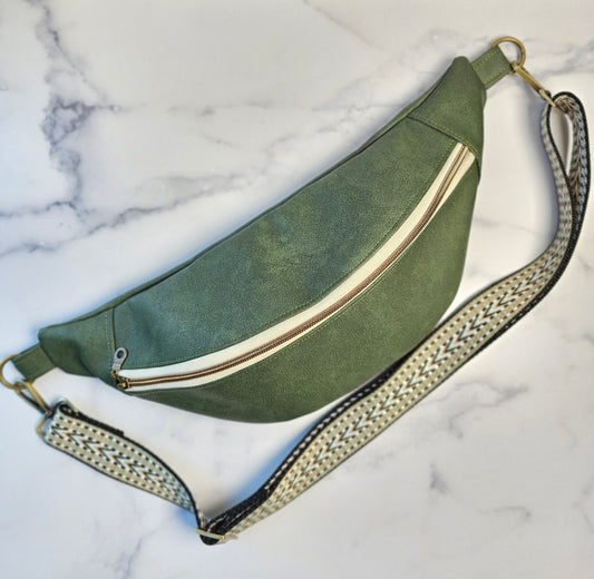 Large Green Faux Leather Bum Bag - Garden Trail Edition