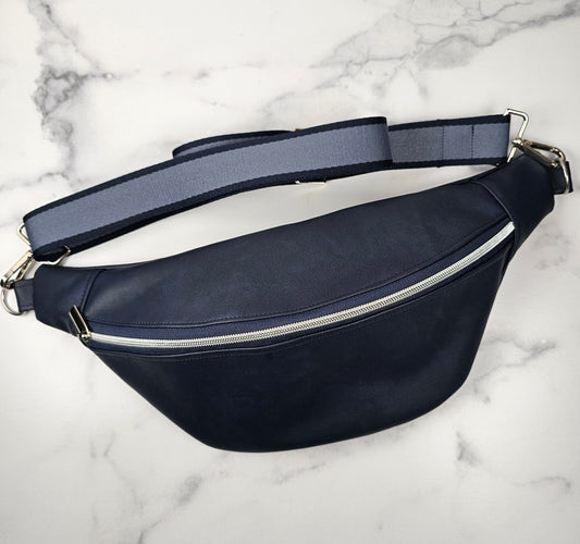 Navy Faux Leather Bum Bag with Navy Strap and Floral Lining
