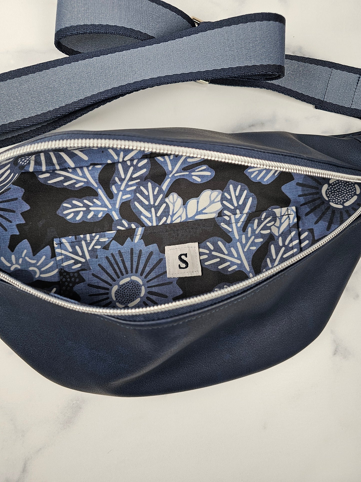 Navy Faux Leather Bum Bag with Navy Strap and Floral Lining