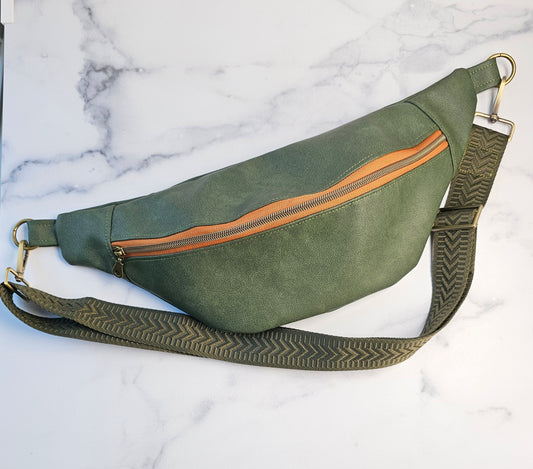 Green Faux Leather Bum Bag with Floral Lining